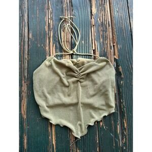 Olive Green Shimmer Handkerchief Halter Top Ruched Metallic Festival Crop Tank